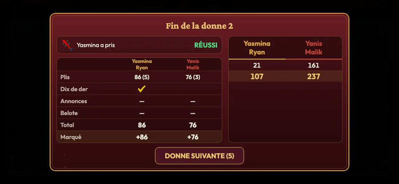 Fin de donne à la Belote : plis, dix de der, annonces, Belote et score cumulé