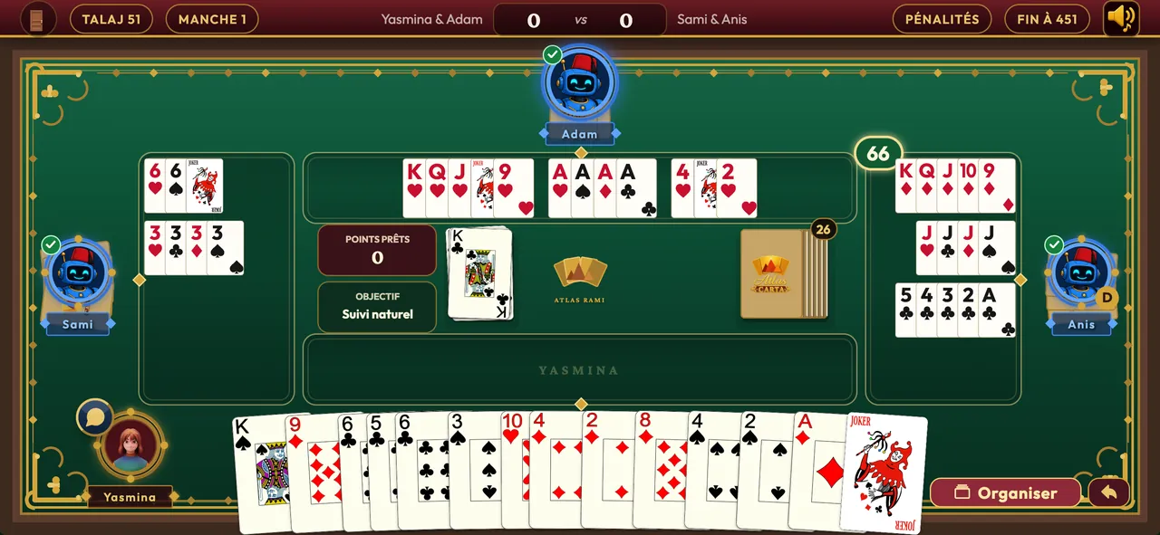 Partie de Rami en ligne en 2 contre 2, combinaisons posées sur la table