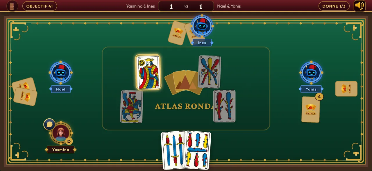 Table de Ronda en 2 contre 2 : quatre joueurs et le tapis de cartes espagnoles